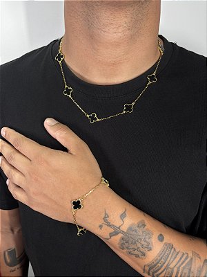 Kit Corrente Trevo Preta 55cm + Pulseira Trevo Preta Banhado A Ouro 18K