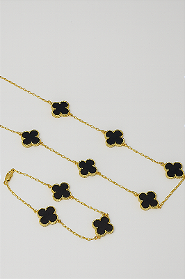 Kit Corrente Trevo Preta 55cm + Pulseira Trevo Preta Banhado A Ouro 18K