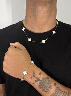 Kit Corrente Trevo Branca 55cm + Pulseira Trevo Branca Banhado A Ouro 18K