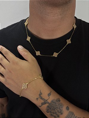 Kit Corrente Trevo Marrom 55cm + Pulseira Trevo Marrom Banhado A Ouro 18K