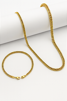 Kit Corrente Grumet Dupla + Pulseira Grumet Dupla 3mm Banhado A Ouro 18K