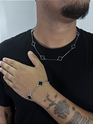 Kit Corrente Trevo Preta 55cm + Pulseira Trevo Preta Banhado A Ouro Branco