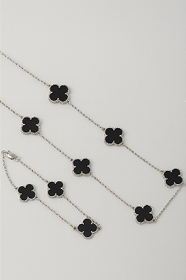 Kit Corrente Trevo Preta 55cm + Pulseira Trevo Preta Banhado A Ouro Branco