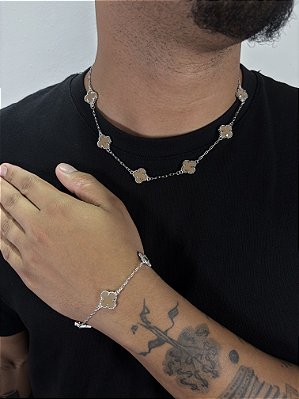 Kit Corrente Trevo Marrom 55cm + Pulseira Trevo Marrom Banhado A Ouro Branco