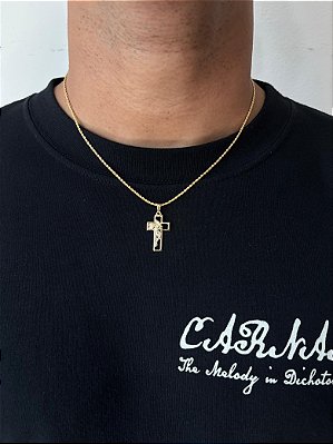Corrente Cordão Baiano 50cm 1,6mm + Pingente Cruz Com Rosto De Cristo Vazado (16x26mm) Banhado A Ouro 18k COR003-PIN137