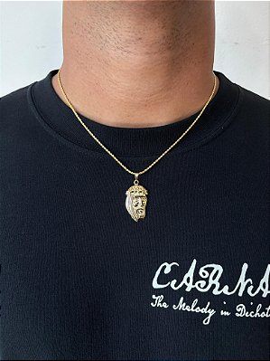 Corrente Cordão Baiano 50cm 1,6mm + Pingente Face De Cristo (19x31mm) Banhado A Ouro 18k COR003-PIN134