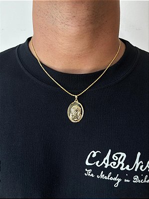 Corrente Cordão Baiano 50cm 1,6mm + Pingente Oval Face Cristo (25x33mm) Banhado A Ouro 18k COR003-PIN133