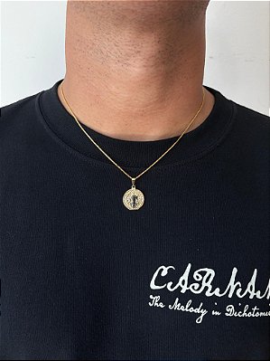 Corrente Veneziana 50cm 1mm + Pingente São Bento Liso (20mm) Banhado A Ouro 18k COR009-PIN135