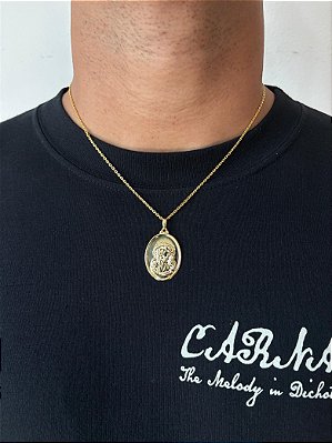 Corrente Elo Cadeado 50cm 2mm + Pingente Oval Face Cristo (25x33mm) Banhado A Ouro 18k COR056-PIN133