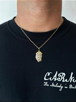 Corrente Elo Cadeado 50cm 2mm + Pingente Face De Cristo (19x31mm) Banhado A Ouro 18k COR056-PIN134