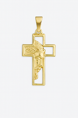 Pingente Cruz Com Rosto De Cristo Vazado (16x26mm) Banhado A Ouro 18k PIN137