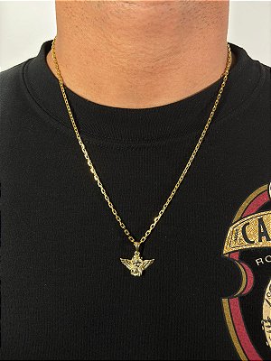 Corrente Elo Cadeado 60cm 4mm + Pingente Anjo (24x17mm) Banhado A Ouro 18k COR082-PIN141