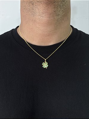 Corrente Grumet 50cm 1,4mm + Pingente Trevo da Sorte Cravejado Banhado a Ouro 18k COR014-PIN145