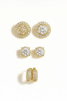 Kit Brincos Pedra Retangular, Imperial e 12 Pedras Banhado A Ouro 18k BRI167-BRI189-BRI010