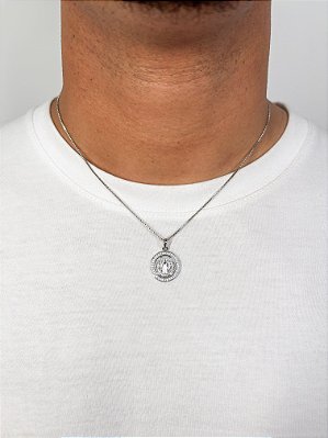 Kit Completo Corrente Veneziana, Pingente São Bento e 2 Brincos Banhado A Ouro Branco COR002-PIN021-BRI012-BRIP005