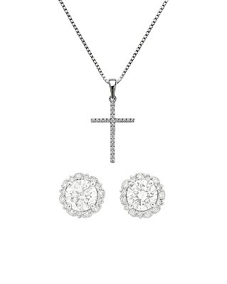 Kit Corrente Veneziana 50cm 1mm + Pingente Cruz Palito Chapada (22X14,2mm) + Par Brinco Filip Imperial 3 (9mm) Banhado A Ouro Branco COR002-PIN009-BRI206