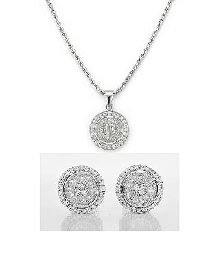 Kit Corrente Cordão Baiano 50cm 1,6mm + Pingente São Bento Cravejado (18,5mm) + Brinco Masculino Par Redondo Cravejado Pedra Retangular (12mm) Banhado A Ouro Branco COR001-PIN021-BRI158