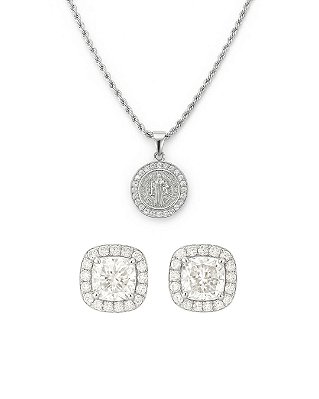 Kit Corrente Cordão Baiano 50cm 1,6mm + Pingente São Bento Cravejado (18,5mm) + Brinco Fílip Imperial Quadrado (9mm) Banhado A Ouro Branco COR001-PIN021-BRI205