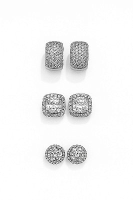 Kit Brincos Imperial, Imperial Quadrado e 29 Pedras Banhado A Ouro Branco BRI192-BRI205-BRI003