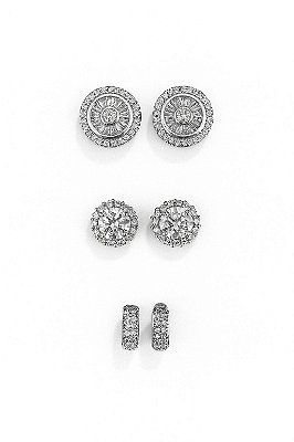 Kit Brincos Retangular, Imperial 3 e 12 Pedras Banhado A Ouro Branco BRI206-BRI158-BRI001