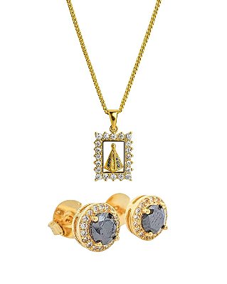 Kit Corrente Veneziana 50cm 1mm + Pingente Nossa Senhora Cravejado Quadrado (15x18mm) + Brinco Masculino Par Redondo Cra