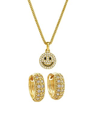 Kit Corrente Veneziana 50cm 1mm + Pingente Smile Redondo Cravejado (9,5mm) + Brinco Masculino Par Argola Cravejada Com 1