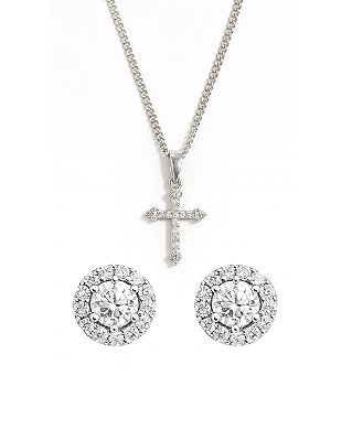 Kit Corrente Grumet 50cm 1,4mm + Pingente Cruz Cravejada Palito (13,2X19,7mm) + Brinco Masculino Par Redondo Cravejado F