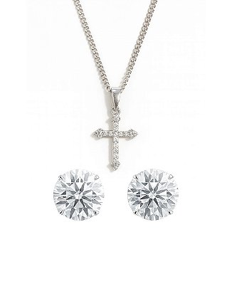 Kit Corrente Veneziana 50cm 1mm + Pingente Cruz Cravejada Palito (13,2X19,7mm) + Par De Brinco Pedra Zircônia (8mm) Banh