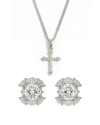 Kit Corrente Veneziana 50cm 1mm + Pingente Cruz Cravejada Palito (13,2X19,7mm) + Brinco Fílip Imperial 2 (9,3x9mm) Banha