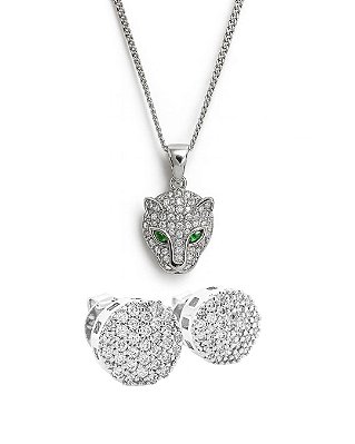 Kit Corrente Veneziana 50cm 1mm + Pingente Tigre Olho Verde (13X17mm) + Brinco Masculino Par Redondo Cravejado Torre (9m