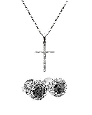 Kit Corrente Grumet 50cm 1,4mm + Pingente Cruz Palito Chapada Cravejada (22X14,2mm) + Brinco Masculino Par Redondo Crave