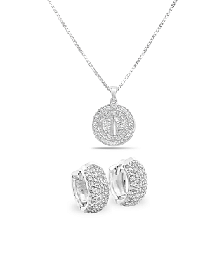 Kit Corrente Veneziana 50cm 1mm + Pingente São Bento Cravejado (18,5mm) + Brinco Masculino Par Argola Cravejada 4 Fileir