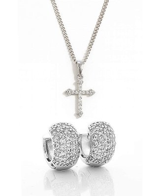 Kit Corrente Grumet 50cm 1,4mm + Pingente Cruz Cravejada Palito (13,2X19,7mm) + Brinco Masculino Par Argola Cravejada Co