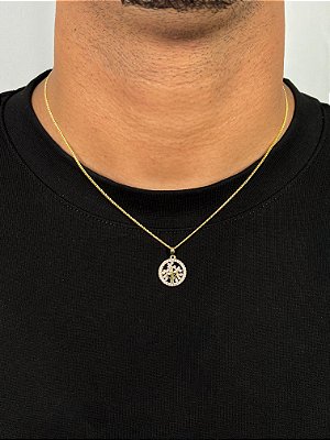 Corrente Grumet 50cm 1,4mm + Pingente Circulo Arvore Cravejado Banhado a Ouro 18k COR014-PIN155
