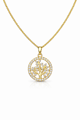 Corrente Grumet 50cm 1,4mm + Pingente Circulo Arvore Cravejado Banhado a Ouro 18k COR014-PIN155