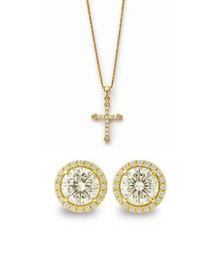 Kit Corrente Veneziana 50cm 1mm + Pingente Cruz Cravejada Palito (13,2X19,7mm) + Brinco Fílip Imperial (9mm) Banhado A Ouro 18K COR009-PIN003-BRI189