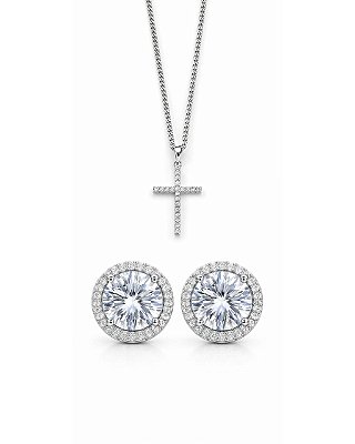 Kit Corrente Grumet 50cm 1,4mm + Pingente Cruz Palito Chapada Cravejada (22X14,2mm) + Brinco Fílip Imperial (9mm) Banhado A Ouro Branco COR005-PIN009-BRI192