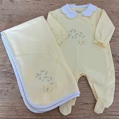 Conjunto Macacão e Manta Florzinha - Amarelo