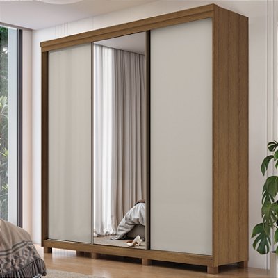 Guarda Roupa Casal 3 Portas de Correr Espelho 2,35m Rimo New Honduras Jequitibá/OffWhite