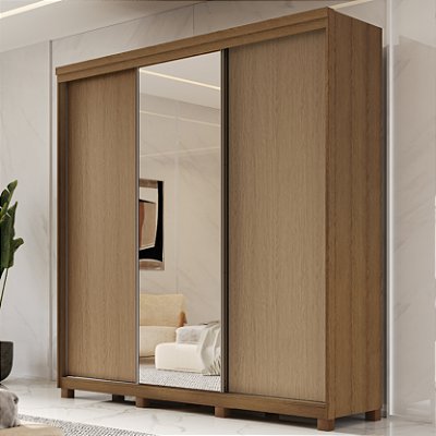 Guarda Roupa Casal 3 Portas de Correr Espelho 2,35m Rimo New Honduras Jequitibá/Carvalho