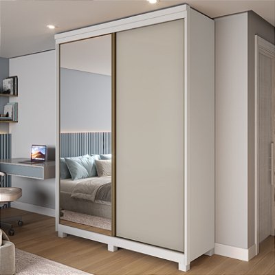 Guarda Roupa Solteiro 2 Portas de Correr Espelho 1,58m Rimo New Honduras Branco/OffWhite