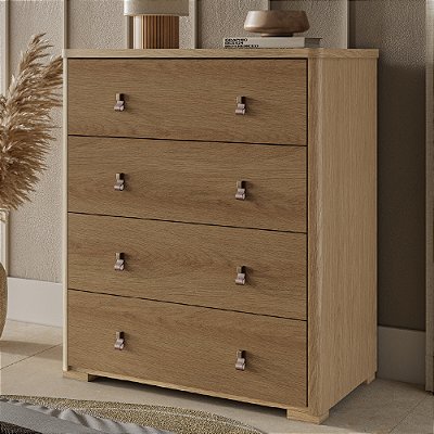 Cômoda Grande Para Quarto 4 Gavetas Rimo Enseada Carvalho/Jequitibá