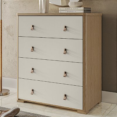 Cômoda Grande Para Quarto 4 Gavetas Rimo Enseada Carvalho/Palha