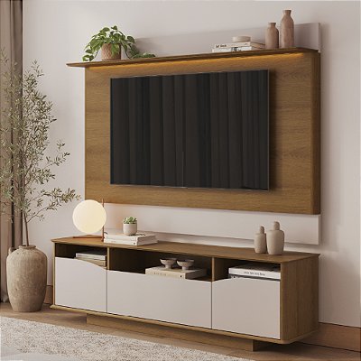 Painel com Rack Para Tv até 65 Polegadas em 100% MDF Enseada Jequitibá/Palha