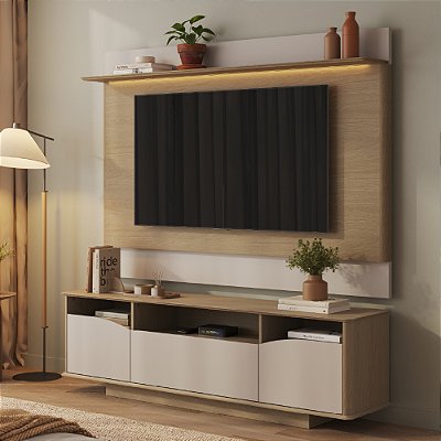 Painel com Rack Para Tv até 65 Polegadas em 100% MDF Enseada Carvalho/Palha