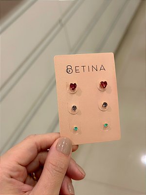 Trio Zircônias Coração e Redondas Multi Coloridas -  Fúcsia 6mm Ametista 4mm Turmalina 3mm