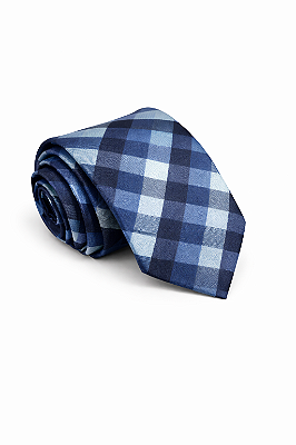 Gravata Semi-Slim Azul Xadrez Jacquard Luxo Premium