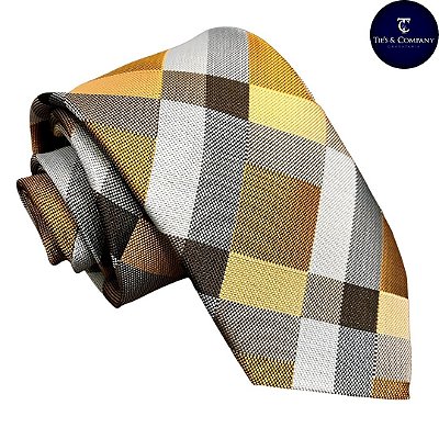 Gravata Semi Slim Bege Gold Xadrez Jacquard Luxo Premium