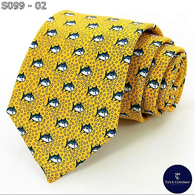 Gravata de Seda Foulard Azul /Amarela Fish Tradicional Larga