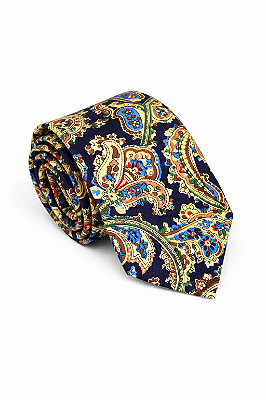 Gravata Slim Azul Marinho Premium Algodão Paisley Cashmere
